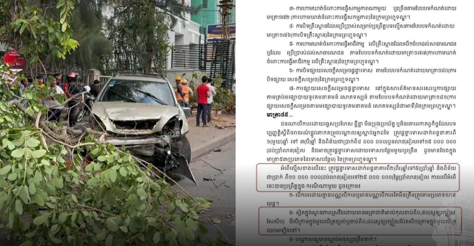 បើកបរ​ស្រវឹង​បណ្តាល​ឱ្យមនុស្ស​ស្លា.ប់​៖ ច្បាប់​ដាក់គុ.ក​ពី​២​ទៅ​៥​ឆ្នាំ