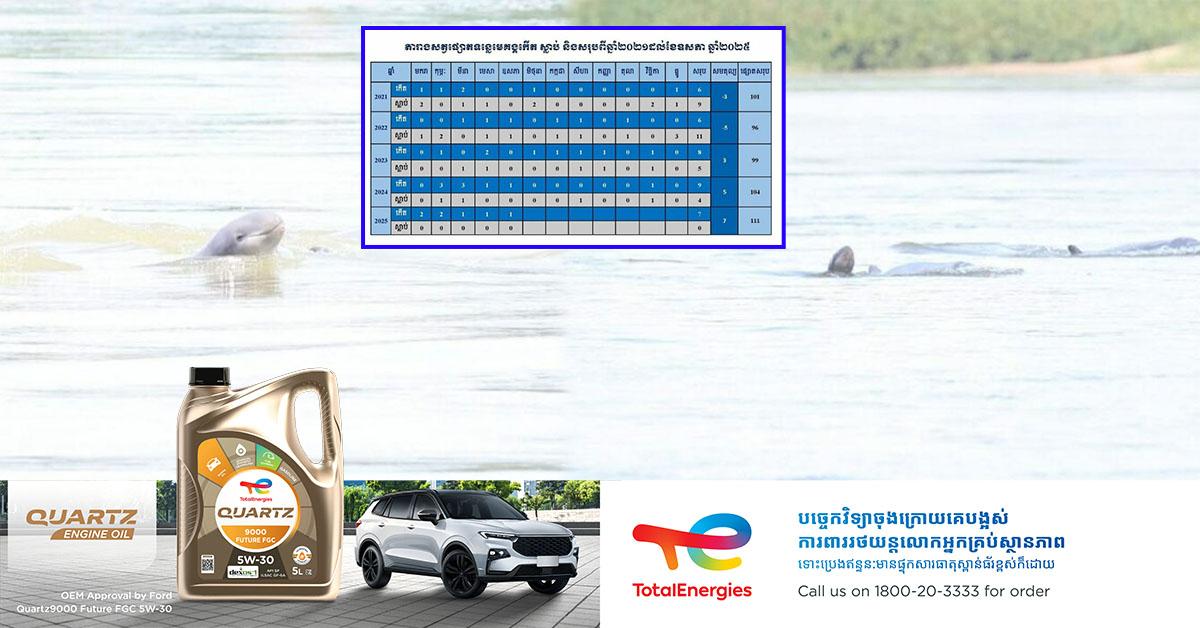 កម្ពុជាស្វាគមន៍កូនផ្សោតថ្មី ១ក្បាល នៅខេត្តក្រចេះ ដែលធ្វើឱ្យចំនួនសត្វផ្សោតទន្លេមេគង្គនៅកម្ពុជា កើនដល់ ១១១ក្បាល