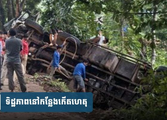 ឡានដឹក​កម្ទេច​ថ្ម ​ពន្លះជាមួយ​ឡានដឹក​ជ្រូក ក្រឡា.ប់ធ្លាក់ចេញ​ពីផ្លូវជាតិ​លេខ​៤