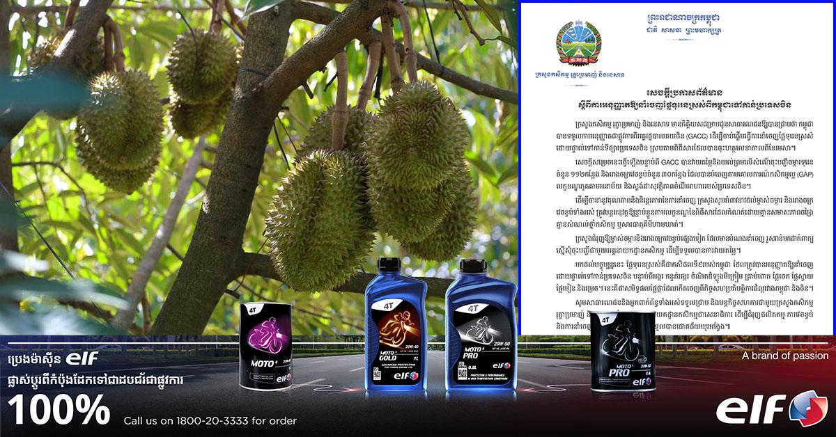 ទុរេនកម្ពុជាទៅចិន៖ ក្រសួងកសិកម្មប្រកាសផ្លូវការអនុញ្ញាតនាំចេញផ្លែទុរេនស្រស់ពីកម្ពុជាទៅកាន់ប្រទេសចិន។
