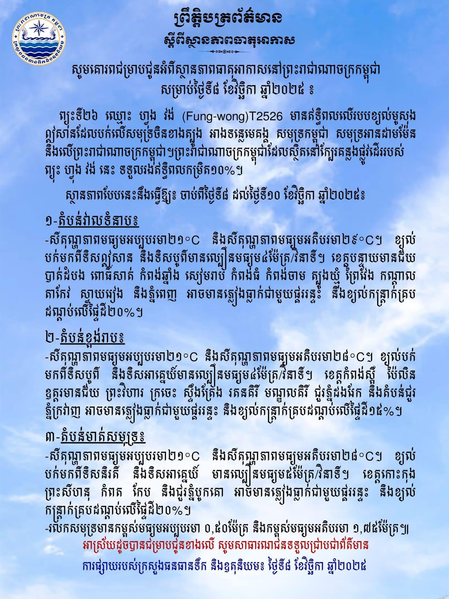 ព្យុះហ្វូងវង់ បន្តបង្កឥទ្ធិពល ខ្យល់មូសុងឦសាន បោកបក់លើកម្ពុជា រហូតដល់ថ្ងៃទី១០ វិច្ឆិកា!