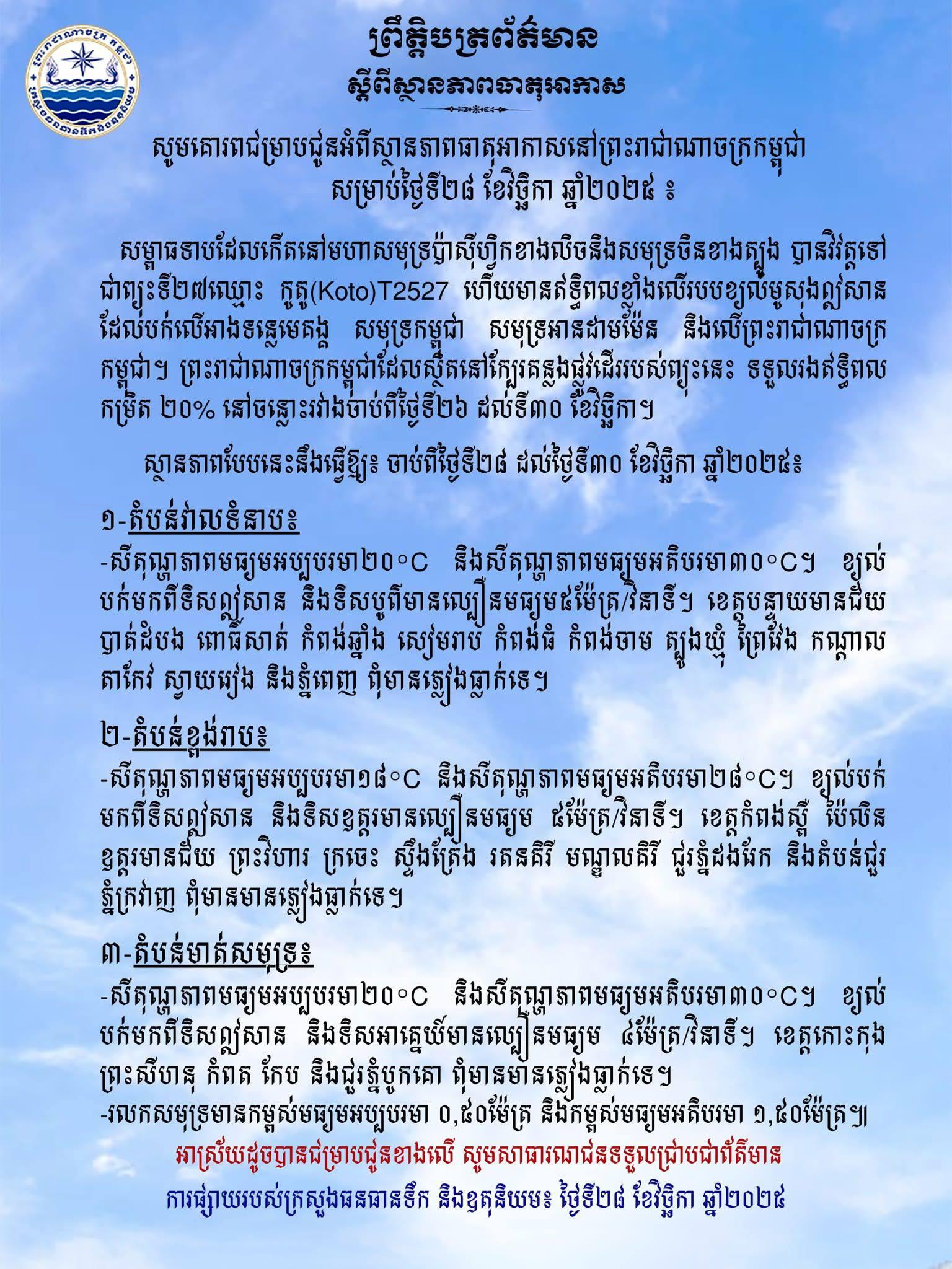 ព្យុះកូតូឆ្លងកាត់ កម្ពុជាពុំមានភ្លៀងធ្លាក់ តែទទួលឥទ្ធិពល២០%