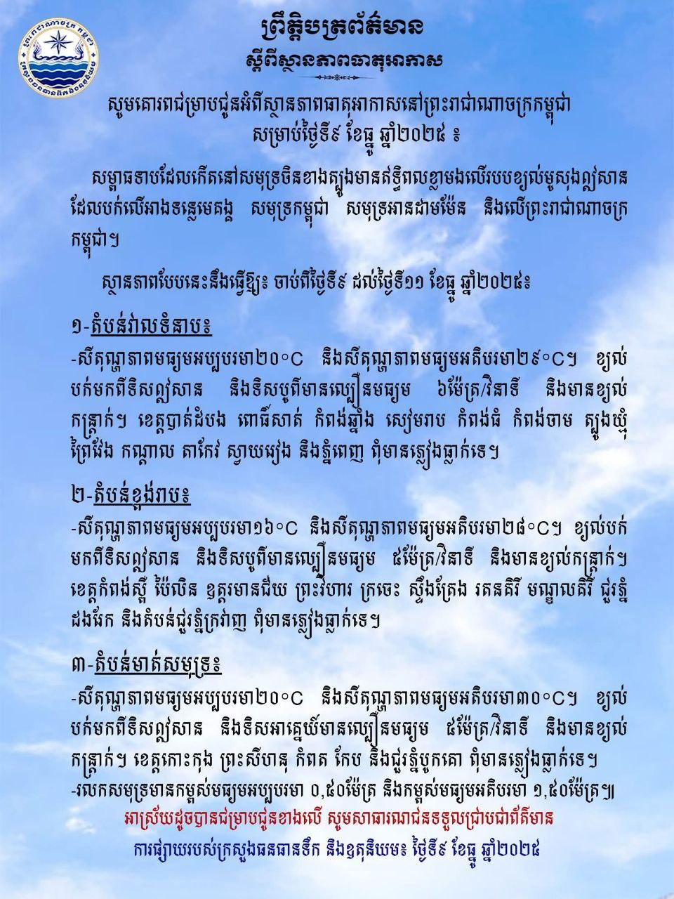 ព្រះរាជាណាចក្រកម្ពុជានៅថ្ងៃនេះ៖ គ្មានភ្លៀងធ្លាក់ទេ តែមានខ្យល់ត្រជាក់បក់មកពីទិសឦសាន