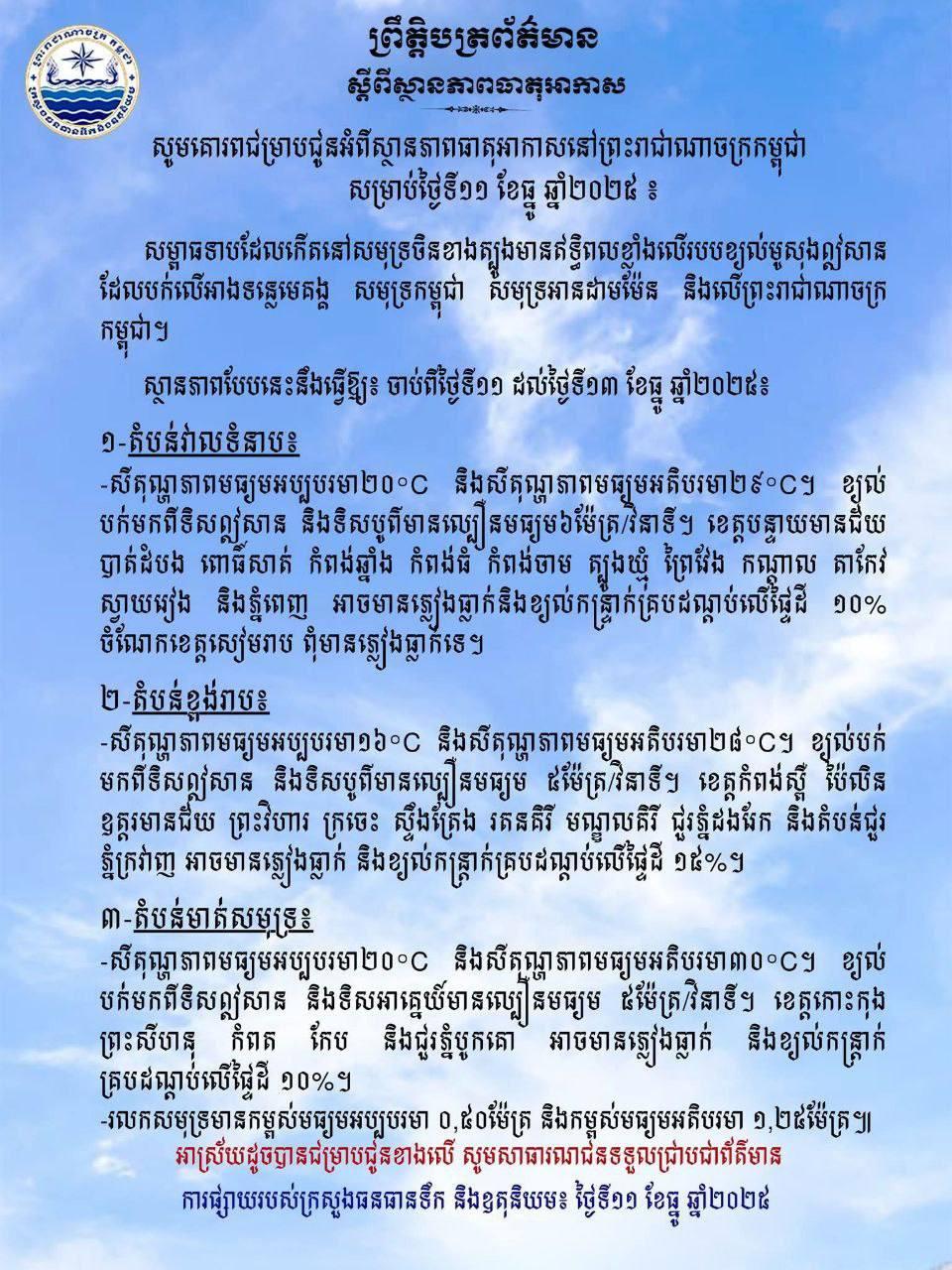 រដូវត្រជាក់មកដល់! តំបន់ខ្ពង់រាបធ្លាក់ត្រជាក់១៦°C តំបន់វាលទំនាប២០°C ចាប់ពីថ្ងៃទី១១-១២ ធ្នូ