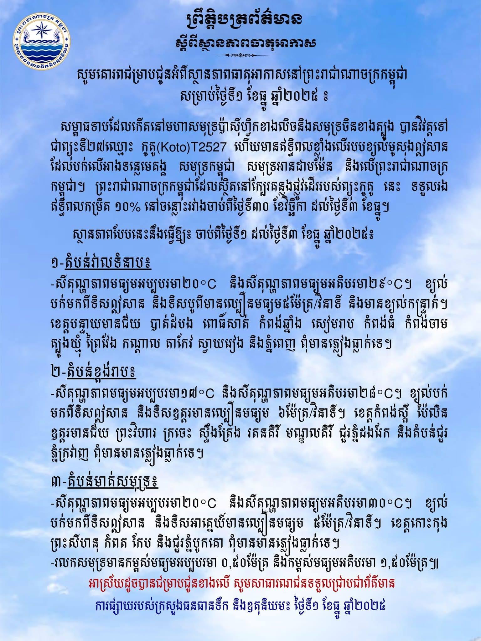 ព្យុះកូតូធ្វើឱ្យកម្ពុជាទទួលរងឥទ្ធិពល១០% ចាប់ពីថ្ងៃទី៣០ វិច្ឆិកា ដល់ថ្ងៃទី៣ ធ្នូ