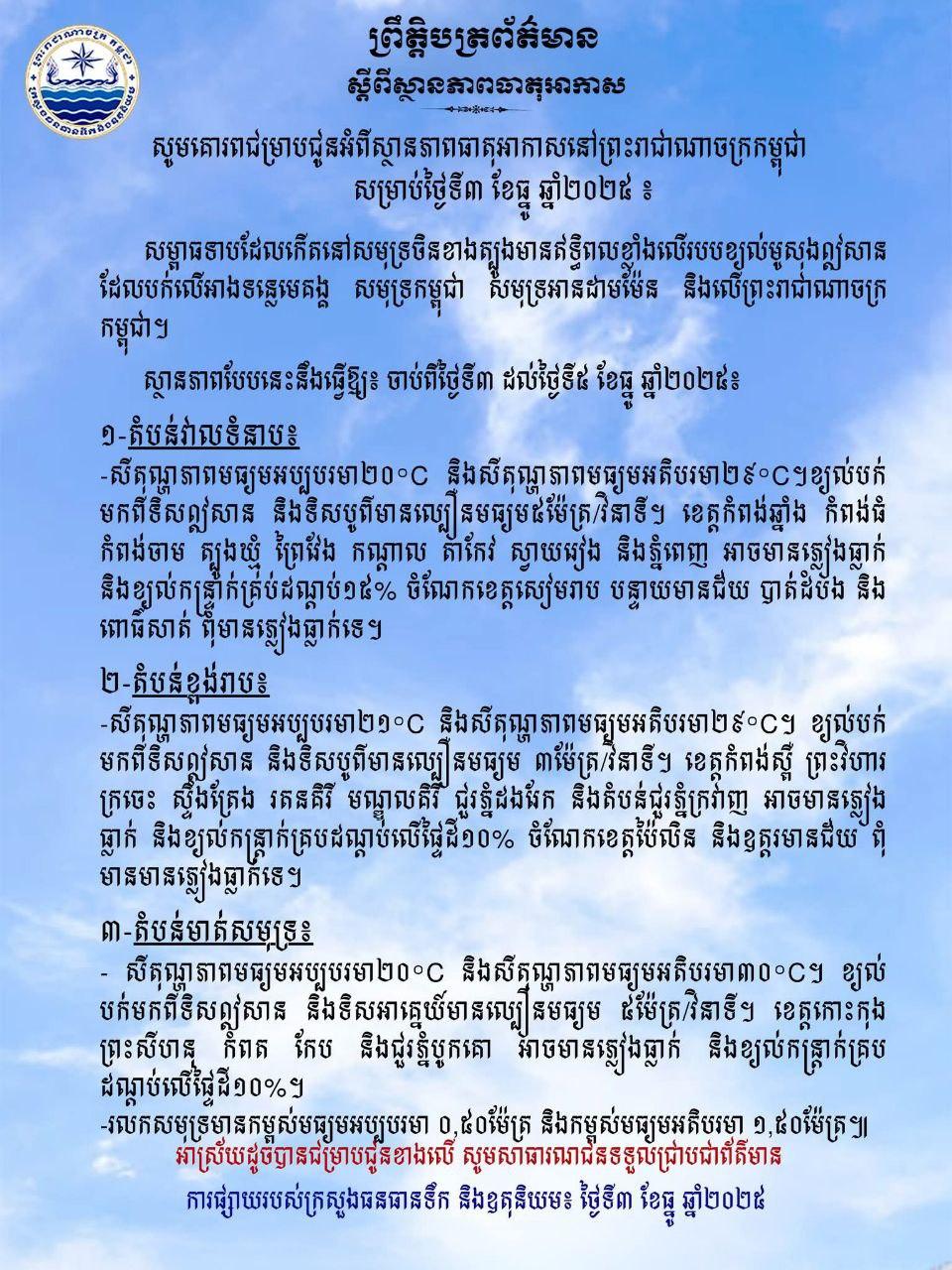 ព្យុះភ្លៀងគ្របដណ្តប់តំបន់ខ្ពង់រាប ខណៈខេត្តប៉ៃលិន-ឧត្តរមានជ័យត្រជាក់គ្មានភ្លៀង