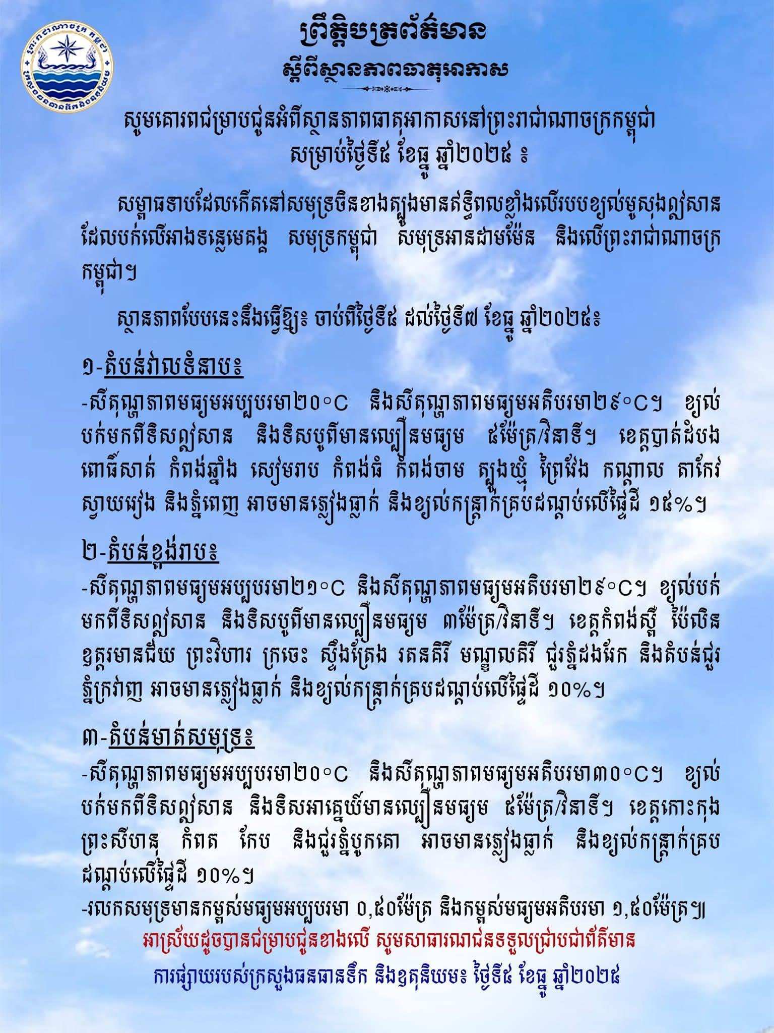 ព្រមានពីក្រសួងធនធានទឹក៖ ភ្នំពេញ និងខេត្តជាច្រើន អាចមានភ្លៀងធ្លាក់ និងខ្យល់កន្ត្រាក់រហូតដល់ ១៥%