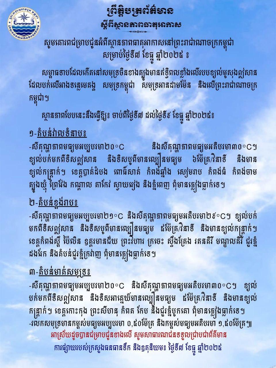 ព្រះរាជាណាចក្រកម្ពុជានឹងមានអាកាសធាតុស្ងួតរហូតដល់ថ្ងៃទី៩ ធ្នូ គ្មានភ្លៀងធ្លាក់ទេ!