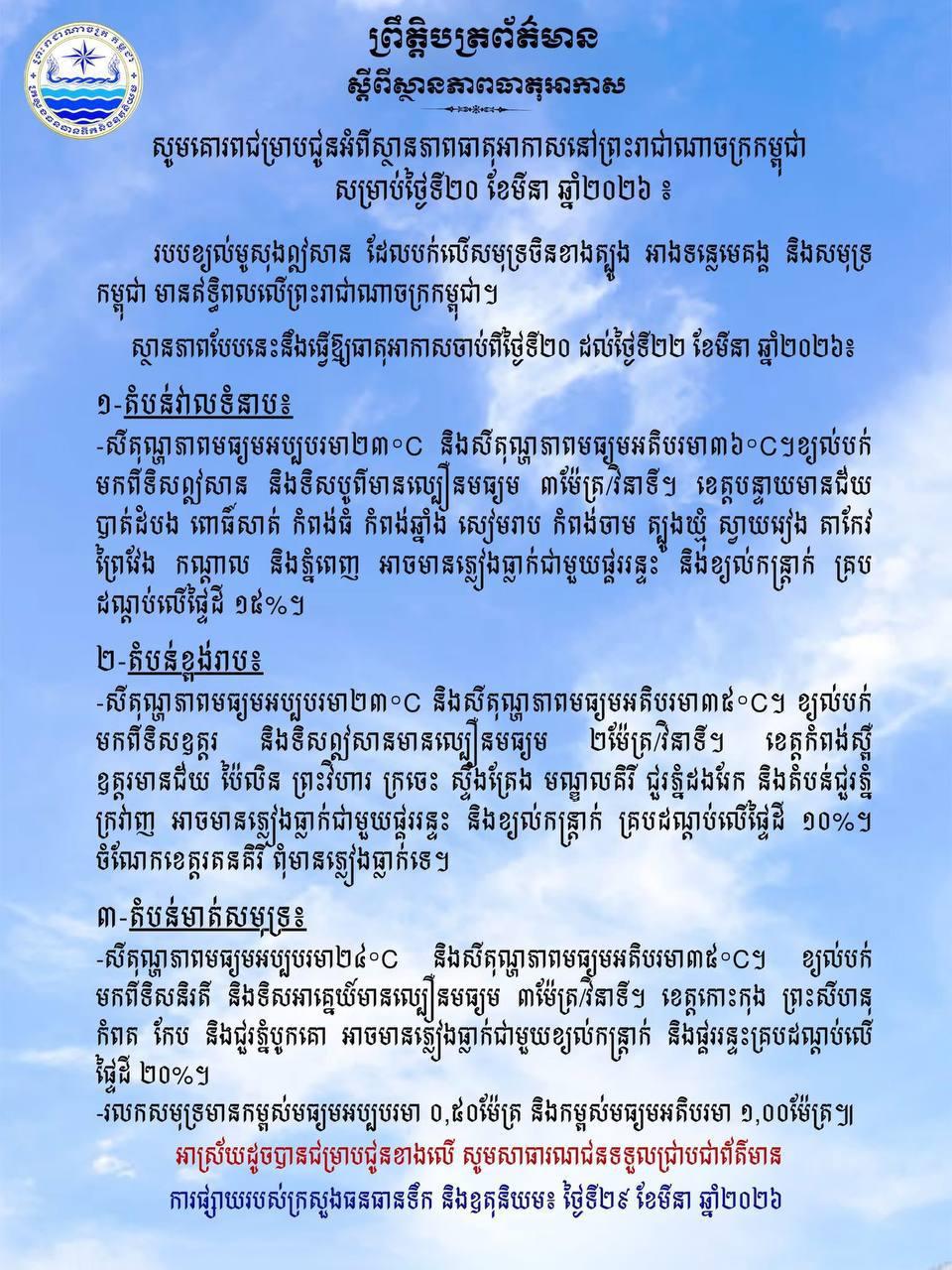 ព្រមានពីក្រសួងធនធានទឹក៖ ភ្លៀងធ្លាក់ជាមួយខ្យល់កន្ត្រាក់ និងផ្គររន្ទះគ្របដណ្តប់ដល់២០% នៅតាមបណ្ដាខេត្ត