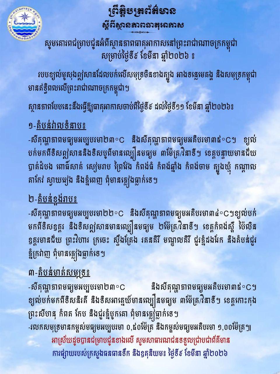 អាកាសធាតុក្ដៅស្ងួតពេញប្រទេស ចាប់ពីថ្ងៃទី៩-១១ មីនា ឆ្នាំ២០២៦