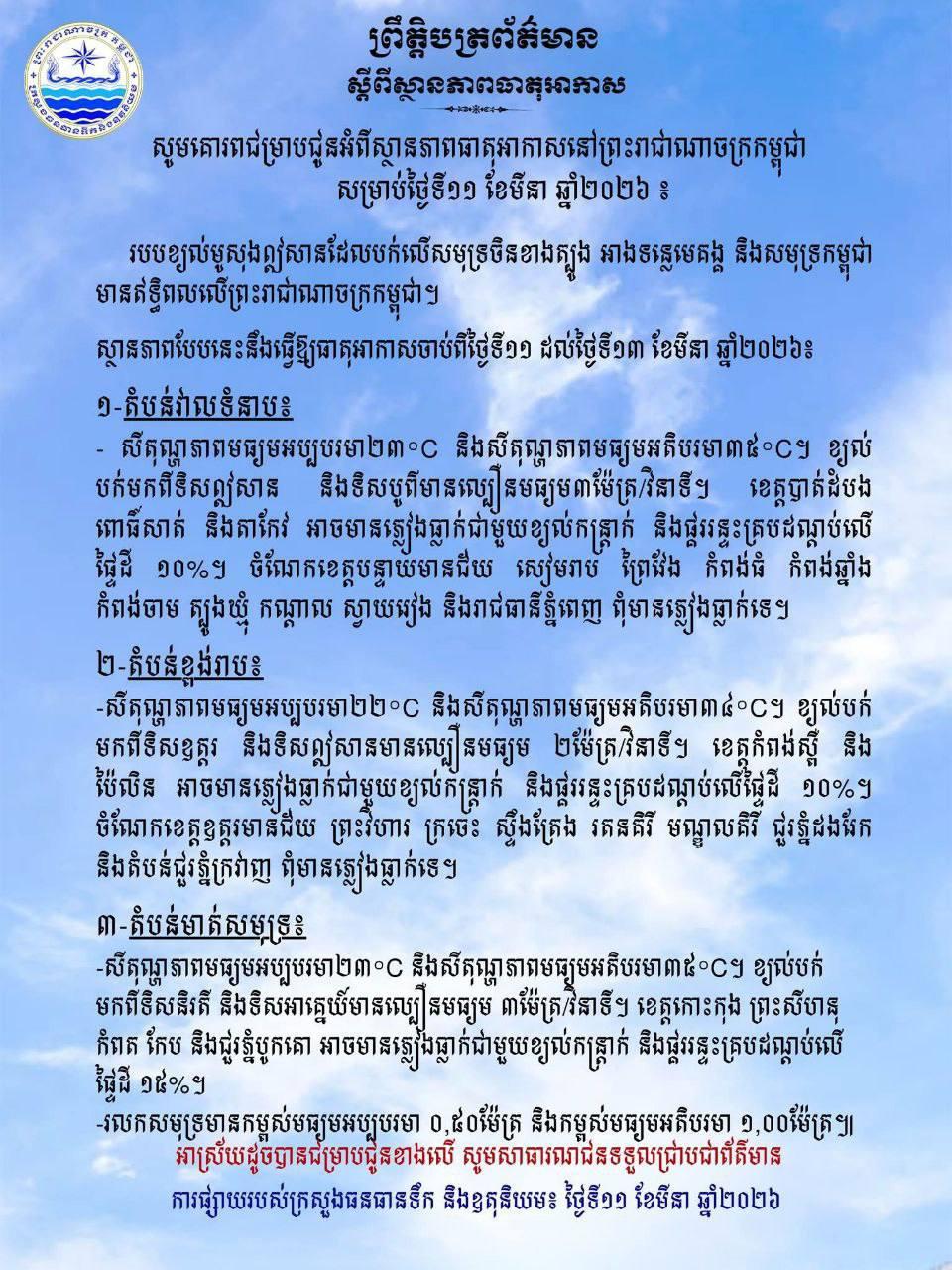ព្រឹត្តិការណ៍អាកាសធាតុថ្មី៖ ក្រសួងធនធានទឹកចេញការព្រមានពីភ្លៀងធ្លាក់និងខ្យល់កន្ត្រាក់ចាប់ពីថ្ងៃទី១១-១៣ មីនា