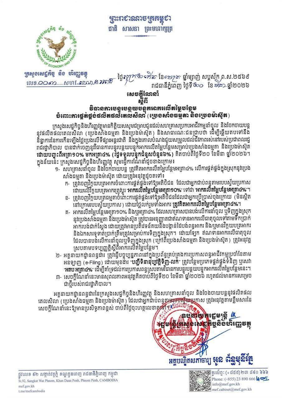 រដ្ឋាភិបាលបញ្ចុះអាករប្រេងសាំងពី ១០% មកត្រឹម ៤% ចាប់ពីថ្ងៃទី២០ មីនា ២០២៦