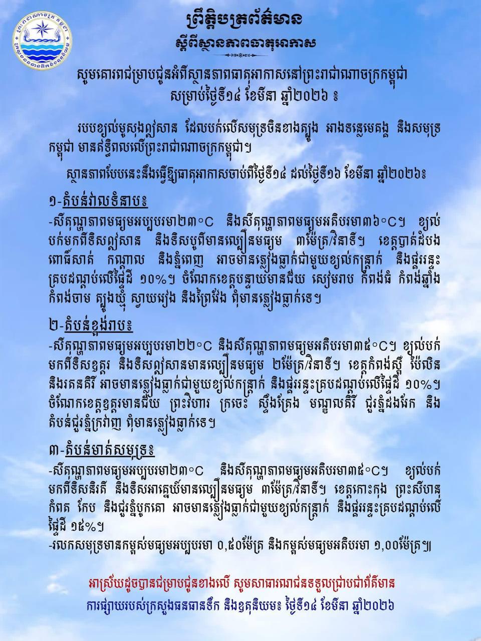 ព្រមានអាកាសធាតុ! ភ្លៀងខ្លាំងរហូតដល់ ១៥% នឹងធ្លាក់លើតំបន់មាត់សមុទ្រកម្ពុជា