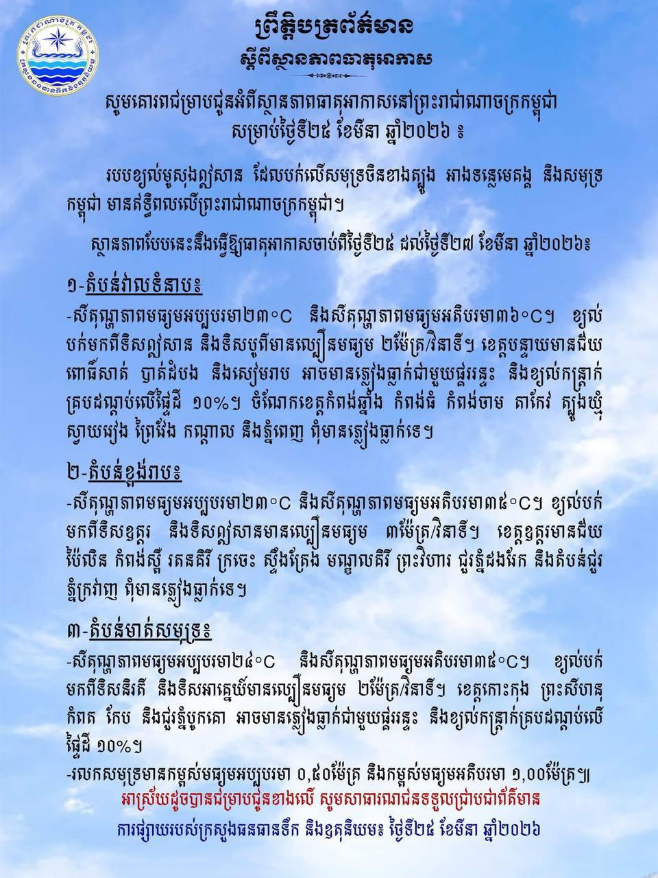 ព្រឹត្តិការណ៍អាកាសធាតុថ្ងៃទី២៥-២៧ មីនា៖ ខេត្តខ្លះមានភ្លៀងធ្លាក់ ខេត្តខ្លះគ្មានភ្លៀង