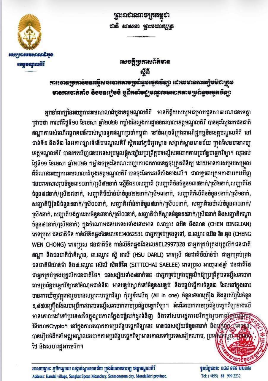 តុលាការមណ្ឌលគិរីចោទប្រកាន់មេខ្លោង៤នាក់ និងបក្ខពួកពីបទរៀបចំមជ្ឈមណ្ឌលឆបោកបច្ចេកវិទ្យាដ៏ធំ