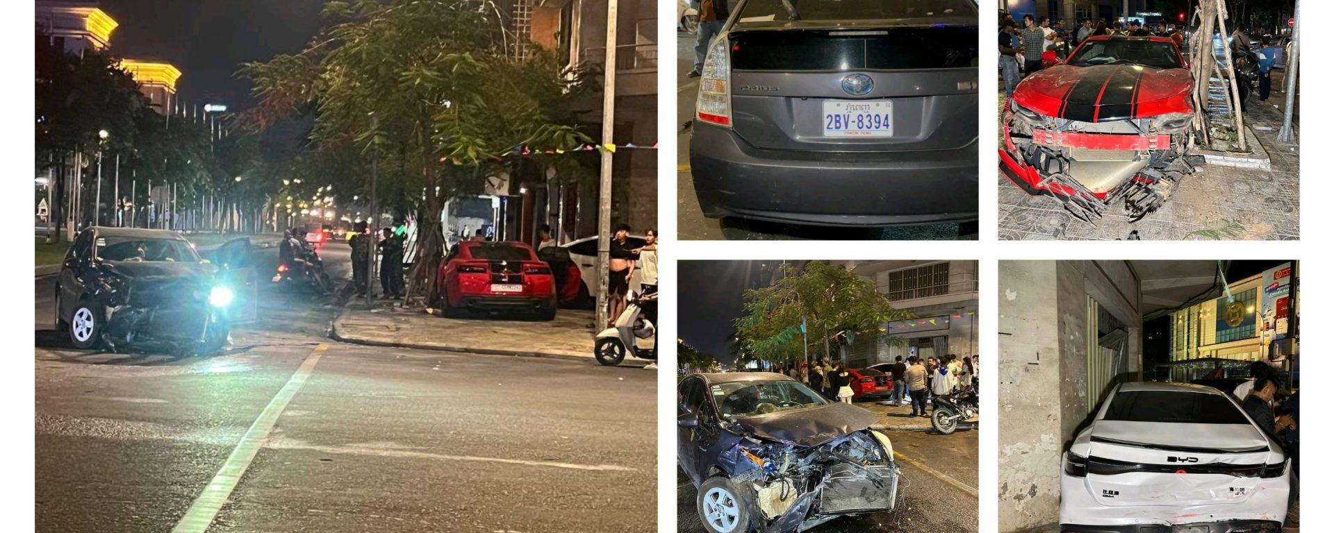 រថយន្ត PRIUS បំពានស្តុបបុក CAMARO ប៉ើងទៅបុក BYD ខូចខាតធ្ងន់ធ្ងរនៅភ្នំពេញ