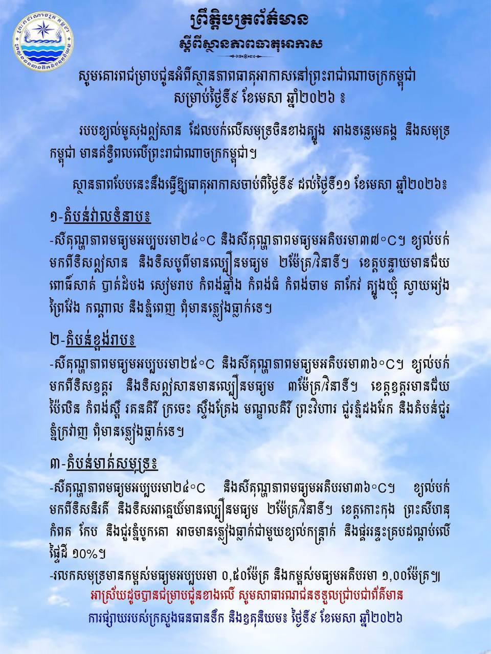 អាកាសធាតុក្តៅហួសព្រំដែន! កម្ពុជានឹងជួបបញ្ហាក្តៅខ្លាំងពីថ្ងៃទី៩-១១ មេសា ២០២៦