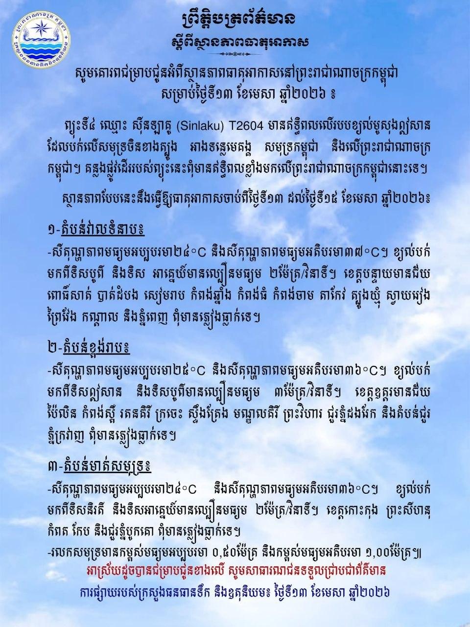 ព្យុះស៊ីនឡាតូមិនប៉ះពាល់កម្ពុជា ប៉ុន្តែសីតុណ្ហភាពនៅតែក្តៅខ្លាំងរហូតដល់ ៣៧°C