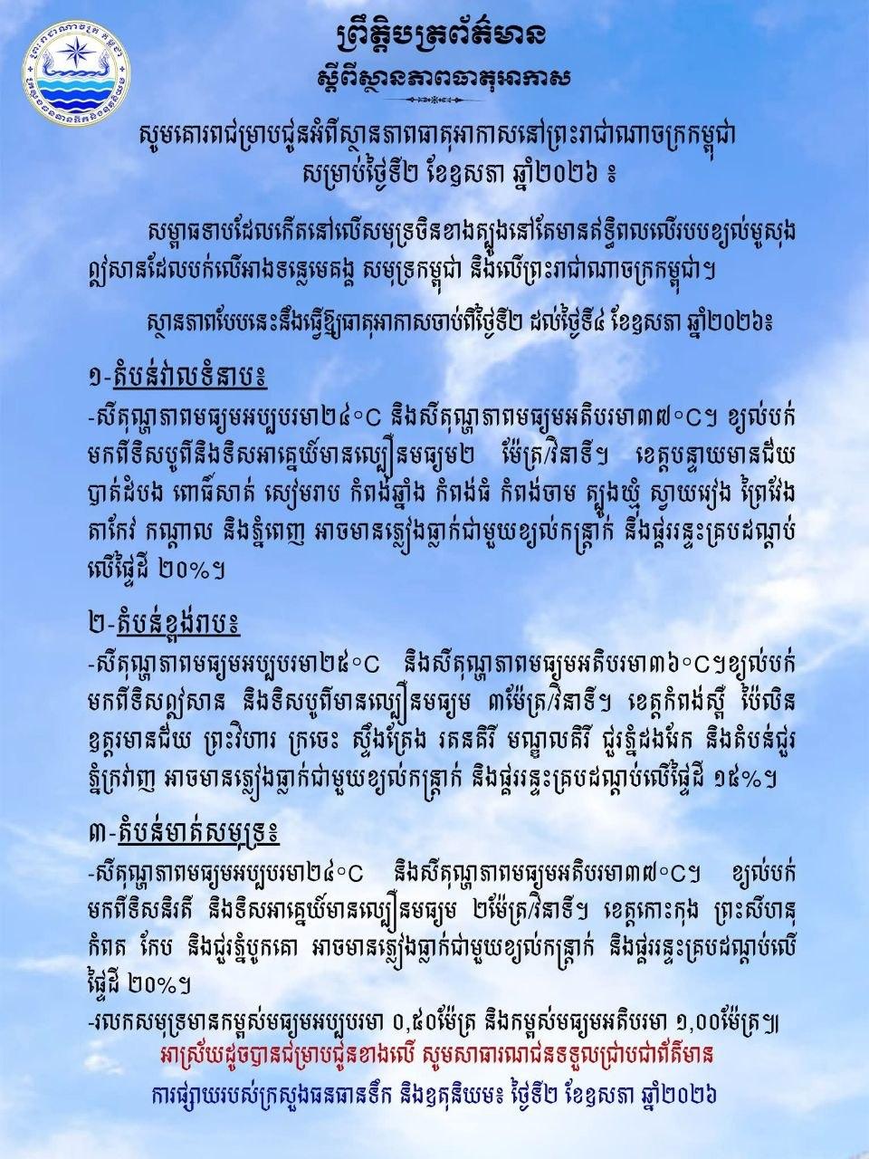 អាកាសធាតុថ្ងៃនេះ! ខេត្តចំនួន១៣ រាប់បញ្ចូលទាំងភ្នំពេញ ប្រឈមនឹងភ្លៀងខ្យល់កន្ត្រាក់ និងផ្គររន្ទះ ២០%