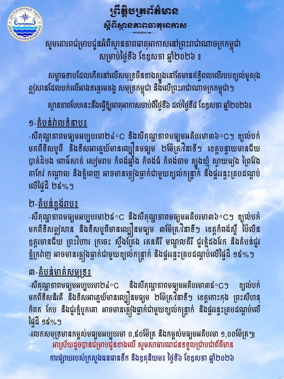 អាកាសធាតុថ្ងៃនេះ៖ ខេត្ត-ភ្នំពេញ ប្រុងប្រយ័ត្នភ្លៀងផ្គររន្ទះ ២៥% និងកម្តៅ ៣៦°C