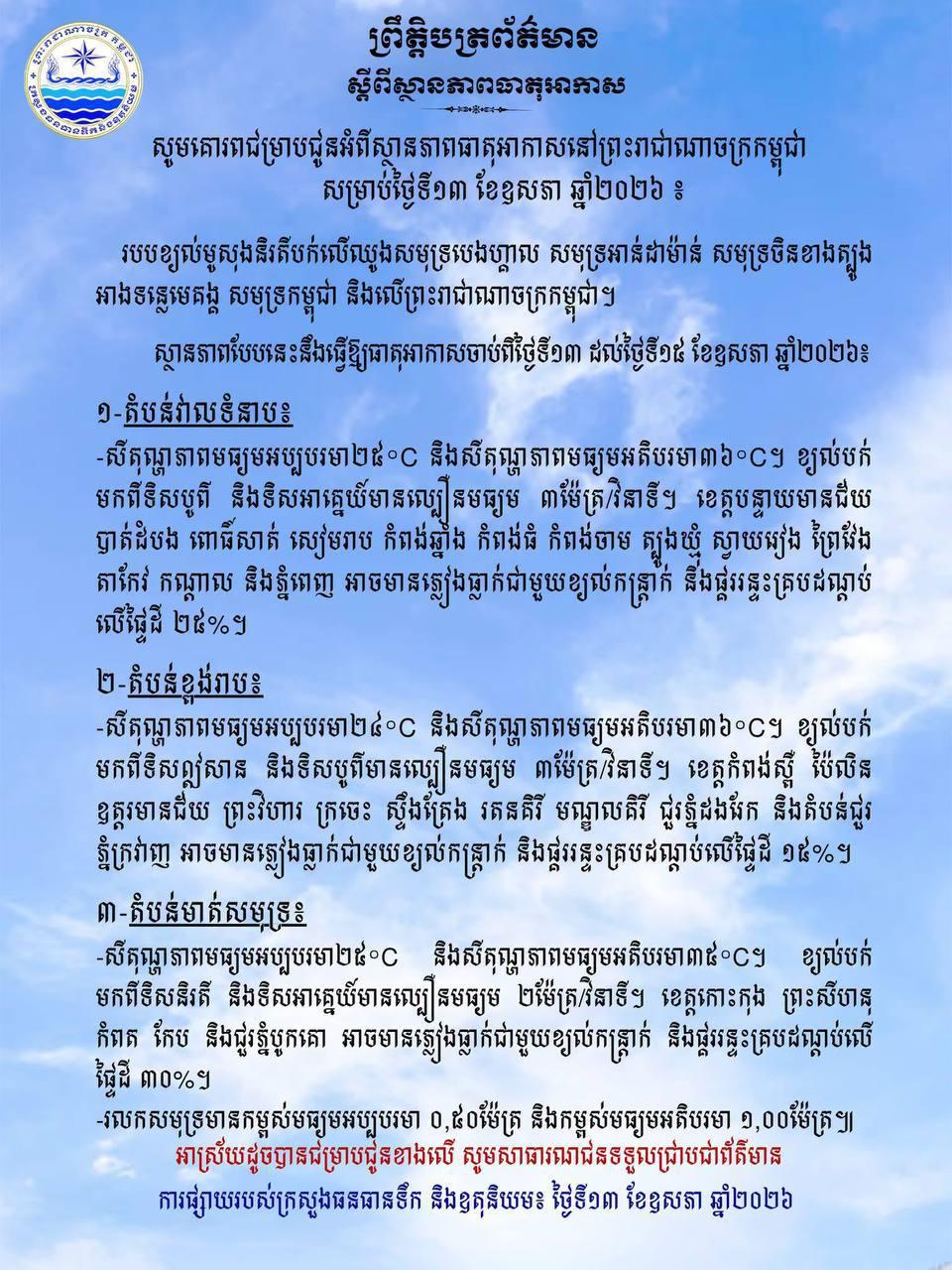 អាកាសធាតុកម្ពុជា៖ ភ្លៀងធ្លាក់ជាមួយខ្យល់កន្ត្រាក់ និងផ្គររន្ទះគ្របដណ្តប់រហូតដល់ ៣០% ចាប់ពីថ្ងៃនេះតទៅ