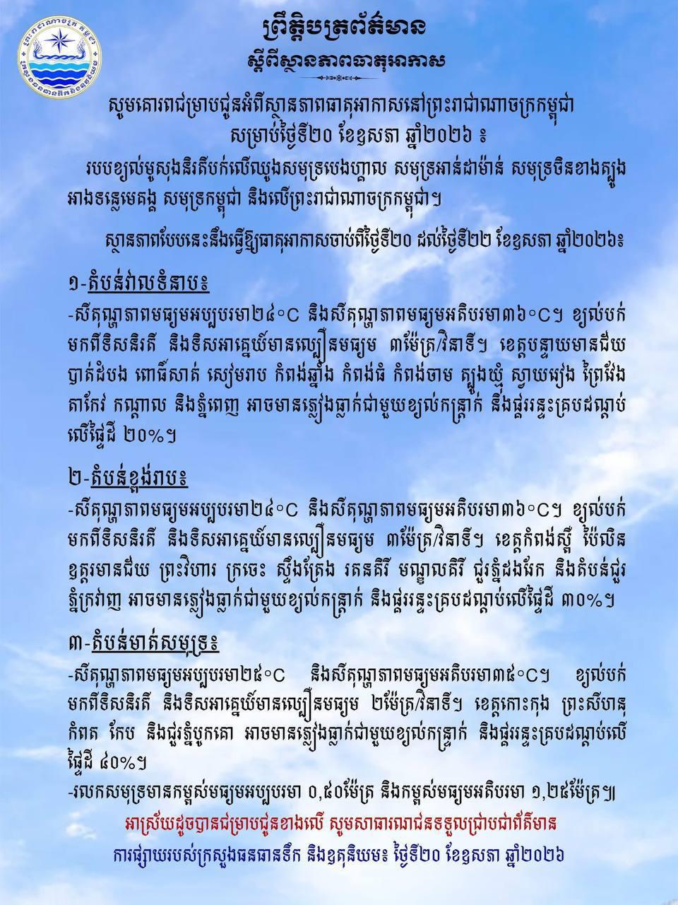 អាកាសធាតុថ្ងៃនេះ៖ ខេត្តមាត់សមុទ្រចំនួន៥ និងបូកគោ ប្រឈមនឹងភ្លៀងធ្លាក់ខ្លាំងជាមួយខ្យល់កន្ត្រាក់ និងផ្គររន្ទះរហូតដល់ ៤០%