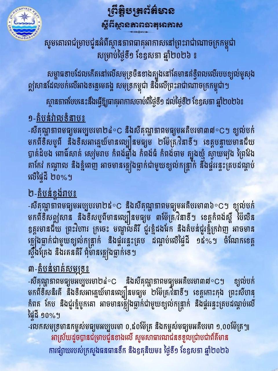 ធាតុអាកាសប្រែប្រួល! ខេត្តចំនួន១៣ នឹងរាជធានីភ្នំពេញ ប្រឈមនឹងភ្លៀងធ្លាក់ខ្យល់កន្ត្រាក់ផ្គររន្ទះ ២០%
