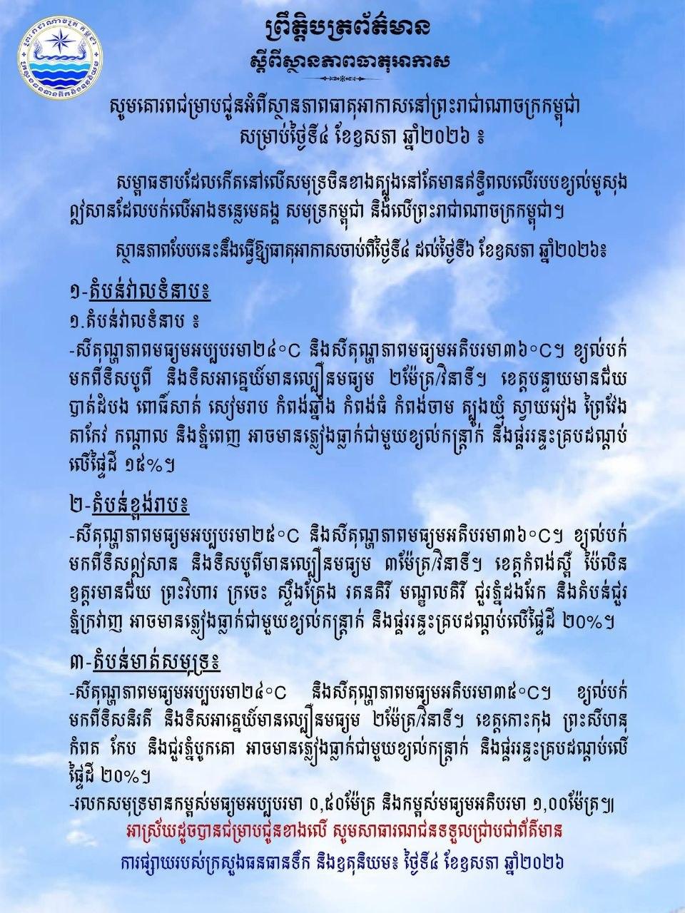ព័ត៌មានបន្ទាន់៖ ភ្លៀងធ្លាក់ខ្យល់កន្ត្រាក់ និងផ្គររន្ទះគ្របដណ្តប់១៥% ទូទាំងប្រទេសនៅថ្ងៃនេះ