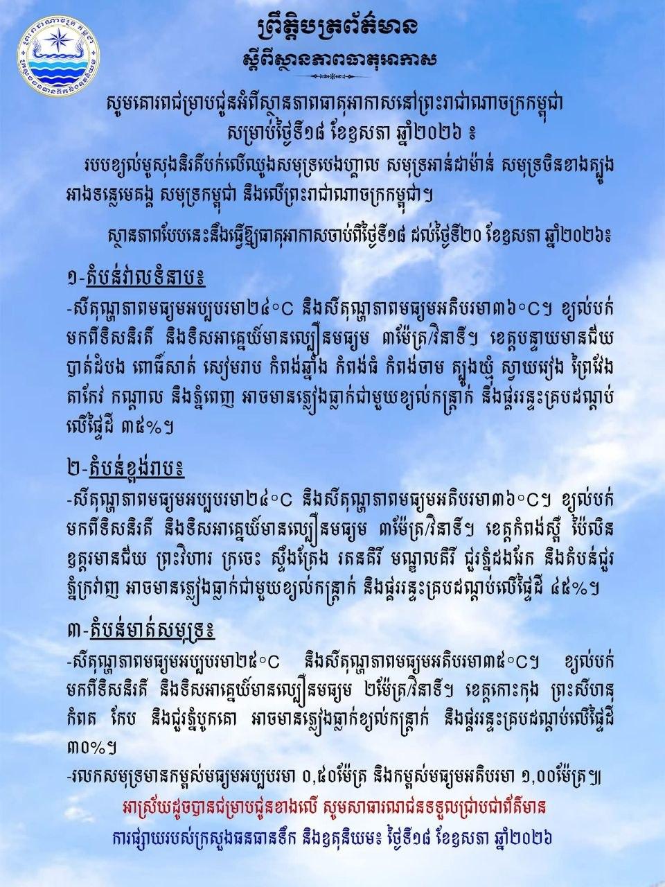 អាកាសធាតុថ្ងៃនេះ៖ ភ្លៀងធ្លាក់ខ្យល់កន្ត្រាក់ និងផ្គររន្ទះប្រុងប្រយ័ត្នភ្នំពេញ និងបណ្តាខេត្ត គ្របដណ្តប់រហូតដល់ ៤៥%